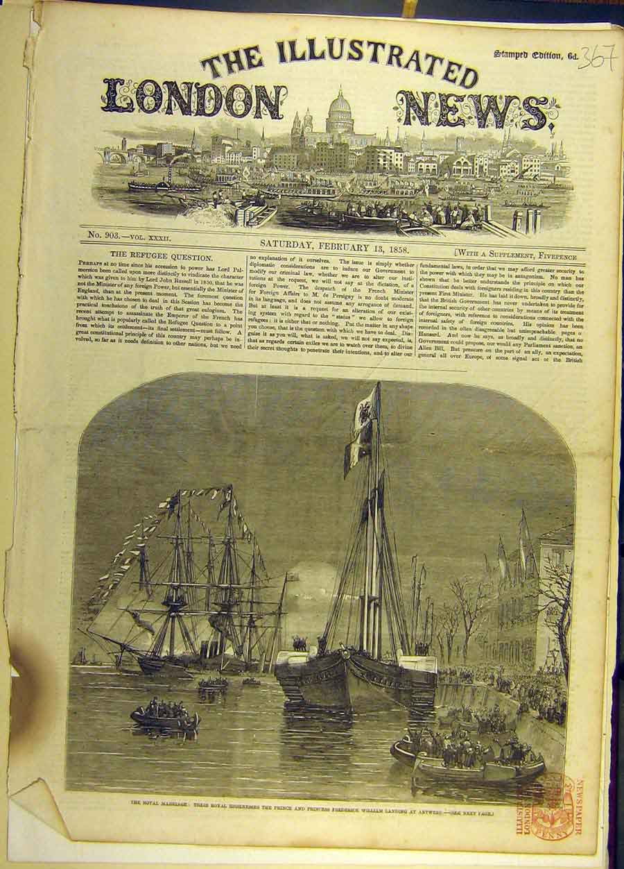 Original Old Antique Print 1858 Royal Wedding Antwerp Fleet Prince William 19th