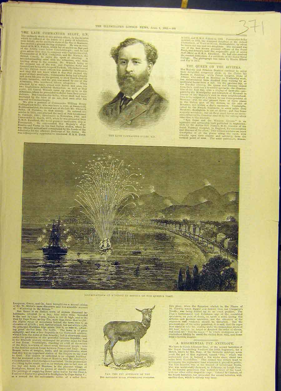 Old Antique Print 1882 Sleby Portrait Mentone Royal Antelope Pet Military 19th