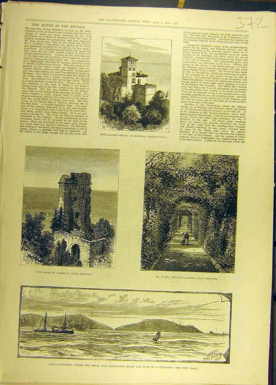 Original Old Antique Print 1882 Palazzo Mentone Grimaldi Bennet Duoro Finisterre