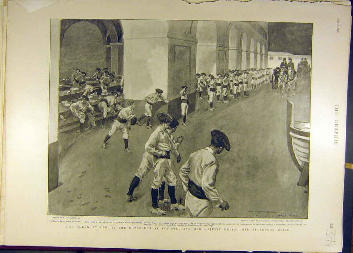 Original Old Antique Print 1898 Cimiez Chasseurs Alpins Royal Carriage Salute