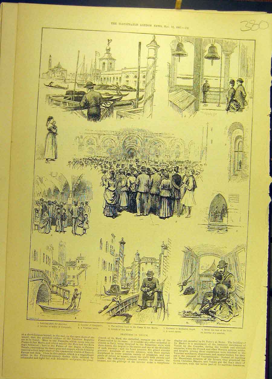 Original Old Antique Print 1887 Sketches Venice Gondola Campanille San-Marco