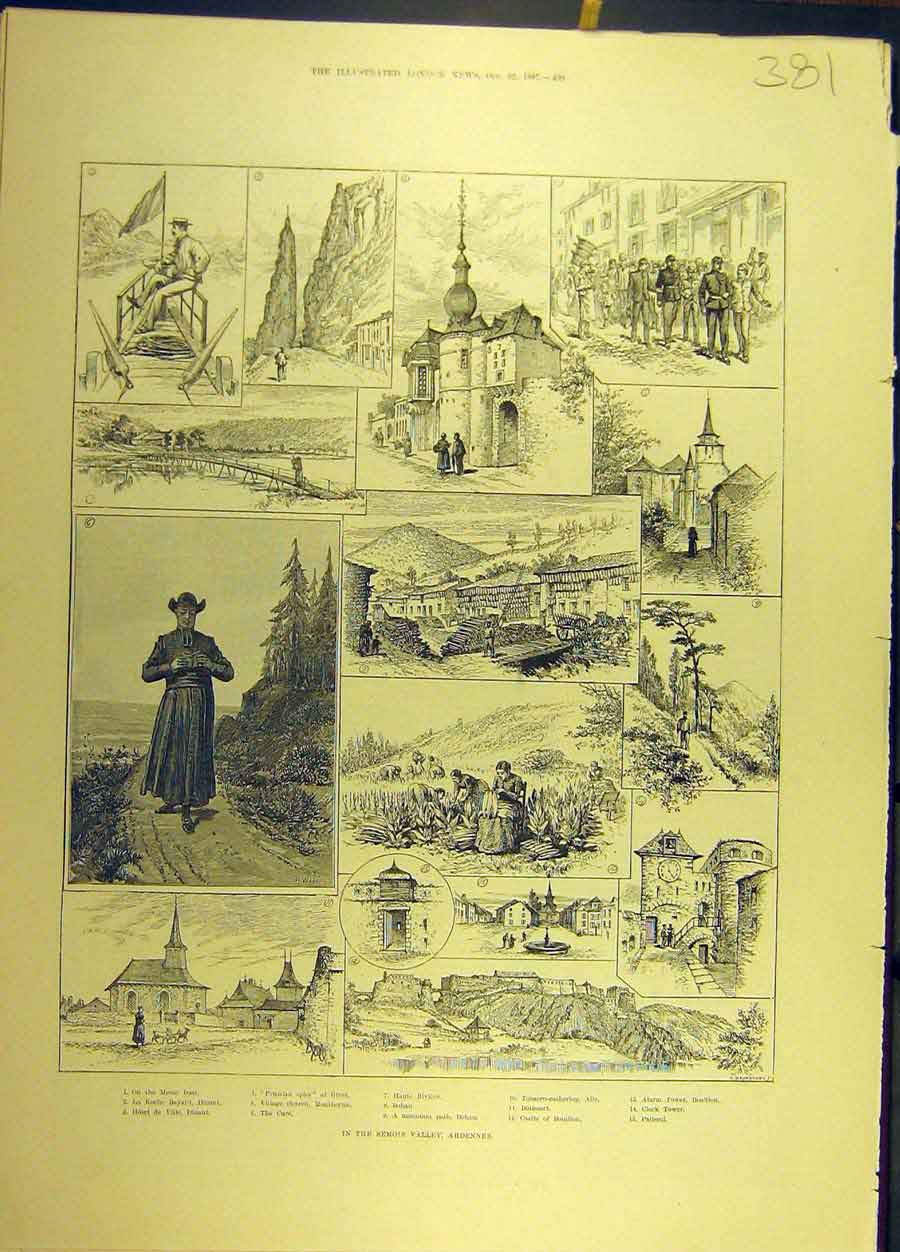 Original Old Antique Print 1887 Semois Valley Ardennes France Sketches French