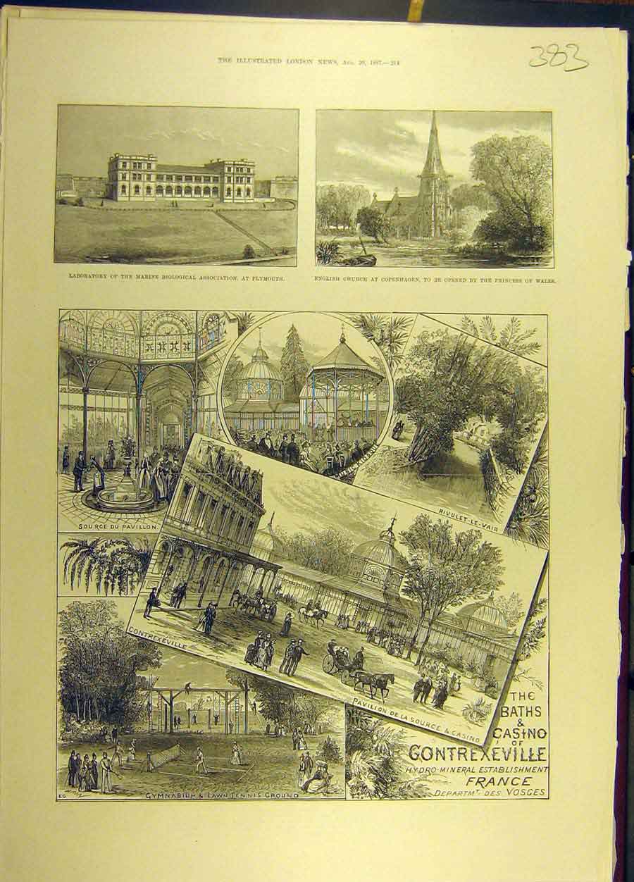 Old Antique Print 1887 Plymouth Copenhagen Gontrexeville France Sketches 19th