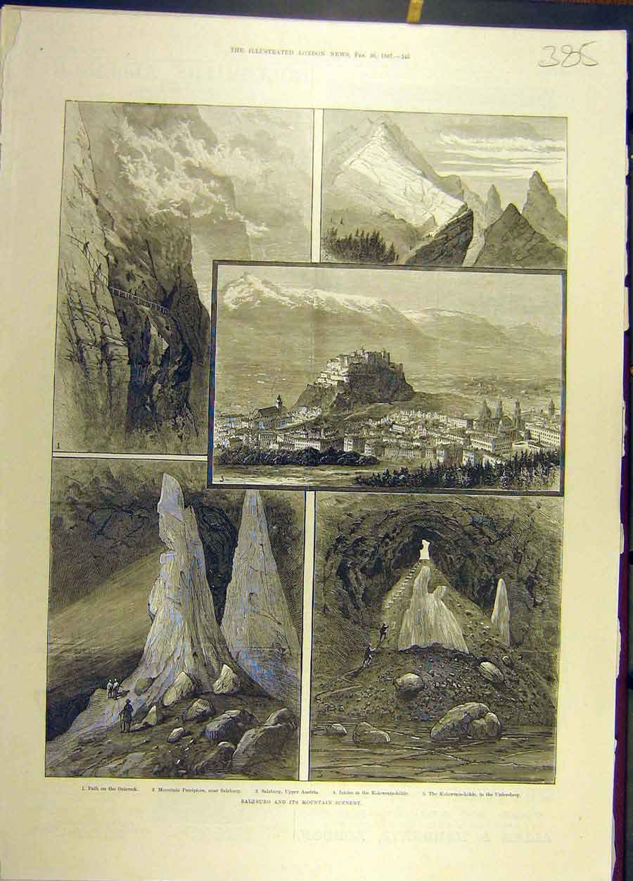 Original Old Antique Print 1887 Salzburg Mountain Sketches Kolowrats-Hohle 19th