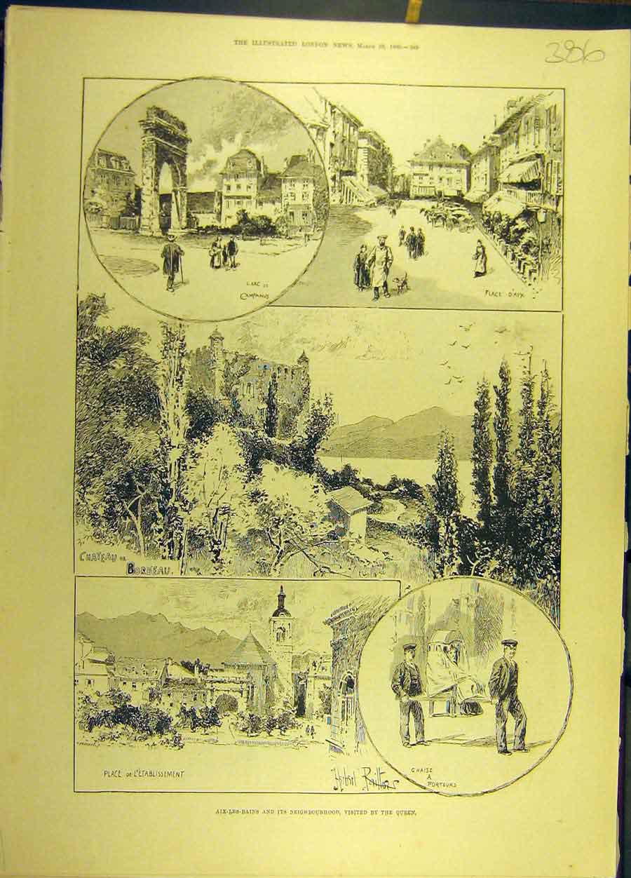 Original Old Antique Print 1890 Aix-Les-Bains Bordeau Castle Sketches France
