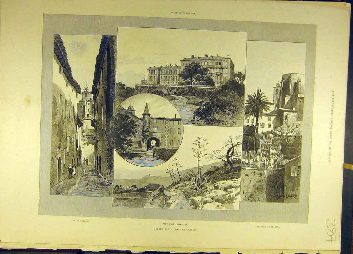 Original Old Antique Print 1888 Hyeres France French Sketches Buldings Victorian