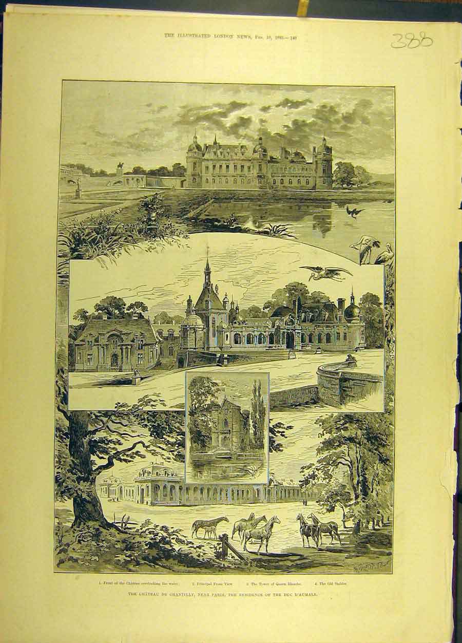 Original Old Antique Print 1883 Chantilly Paris France Sketches Duke D'Aumale