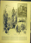 Original Old Antique Print 1890 Sketches Normandy France French Building Rouen