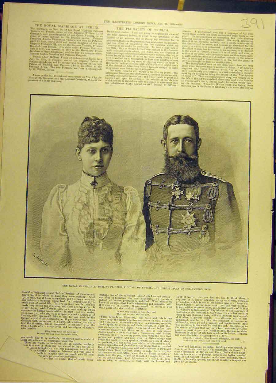 Original Old Antique Print 1890 Royal Marriage Victoria Prince Adolf Berlin 19th