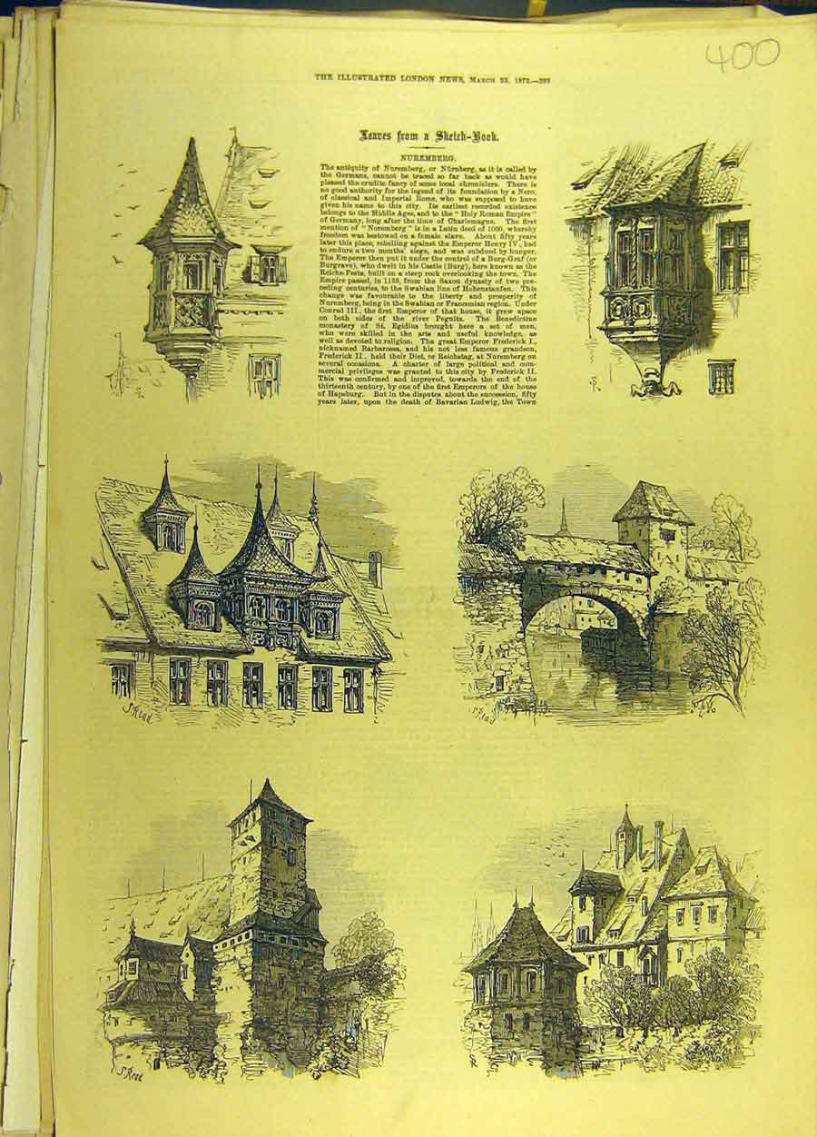 Original Old Antique Print 18872 Nuremberg Germany Buildings Architecture 19th