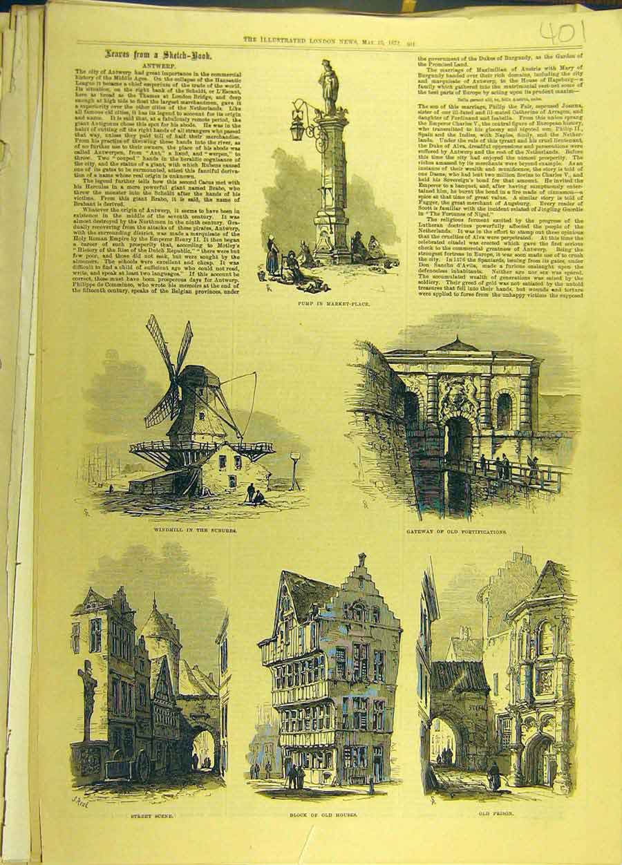 Original Old Antique Print 1872 Antwerp Market Windmill Holland Prison Sketches