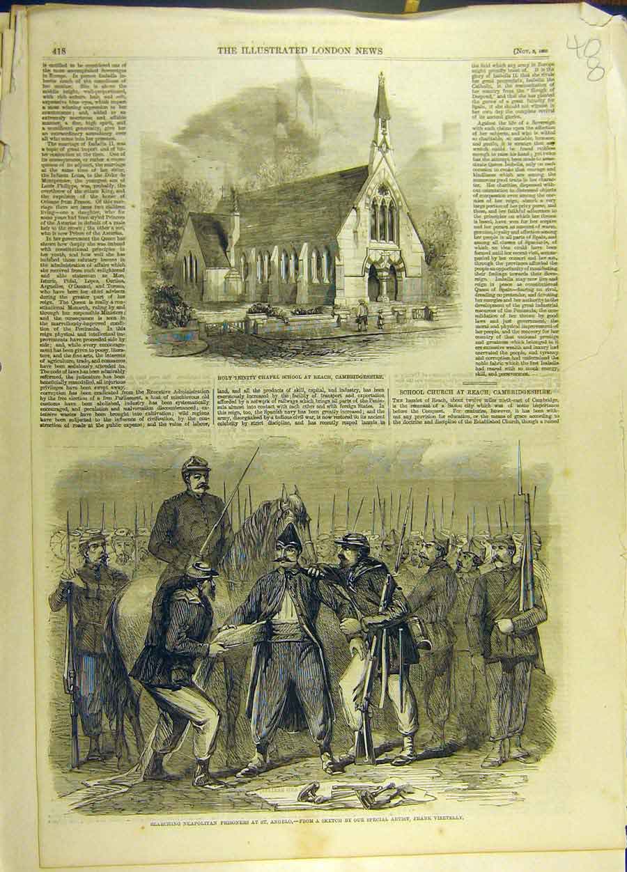 Original Old Antique Print 1860 School Reach Cambridgeshire Neapolitan Prisoners