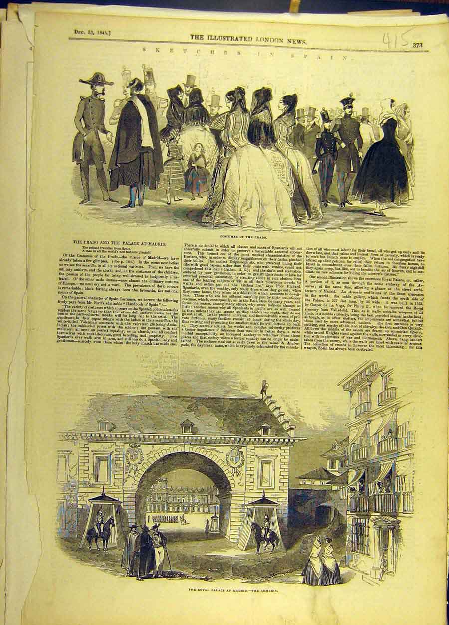 Original Old Antique Print 1845 Costumes Prado Royal Palace Madrid Armeria Spain
