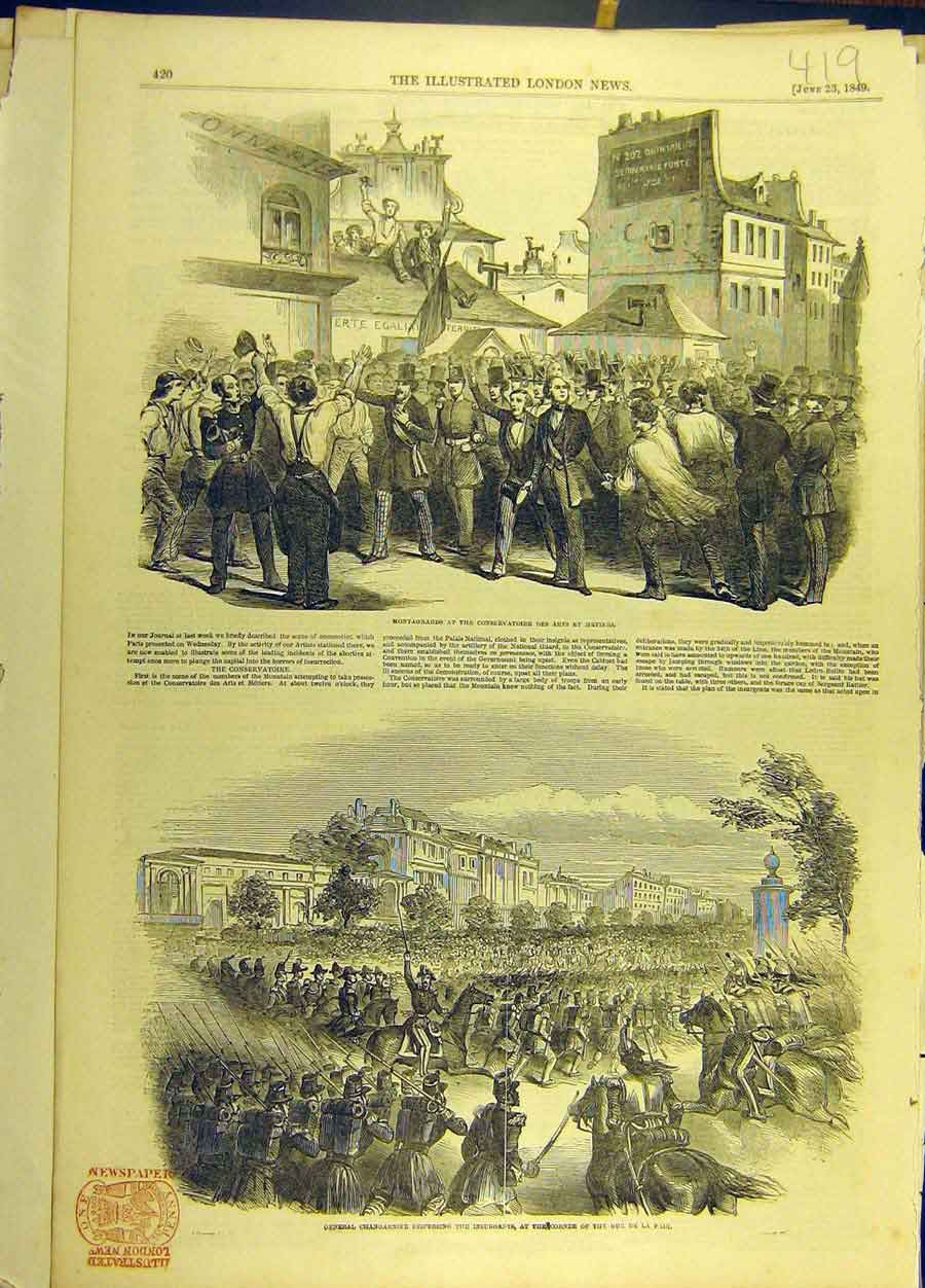 Original Old Antique Print 1849 Montagnards Insurgents Paris Changarnier France
