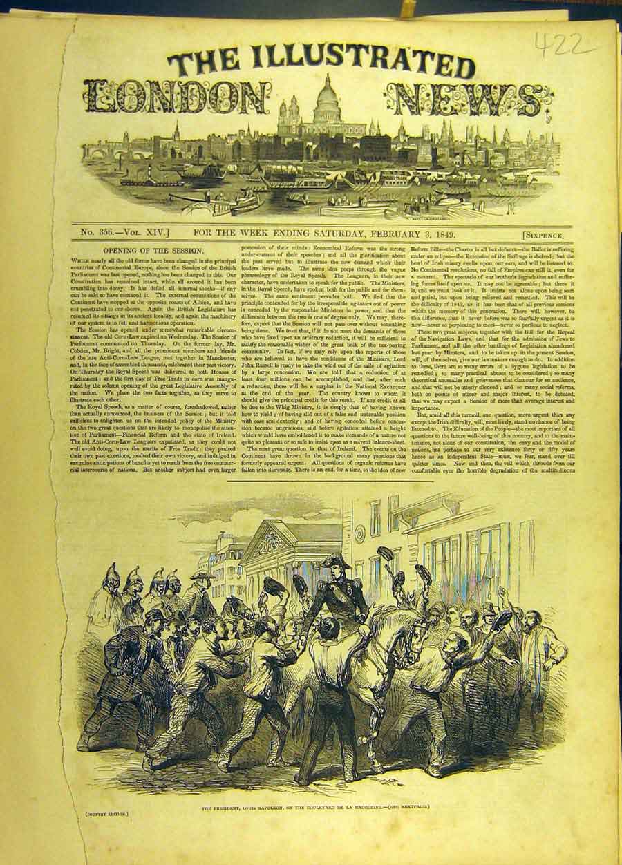 Original Old Antique Print 1849 President Louis-Napoleon Boulevard-De-Madeleine