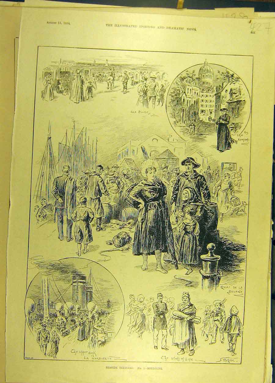 Original Old Antique Print 1894 Seaside Sketches Boulogne France French 19th