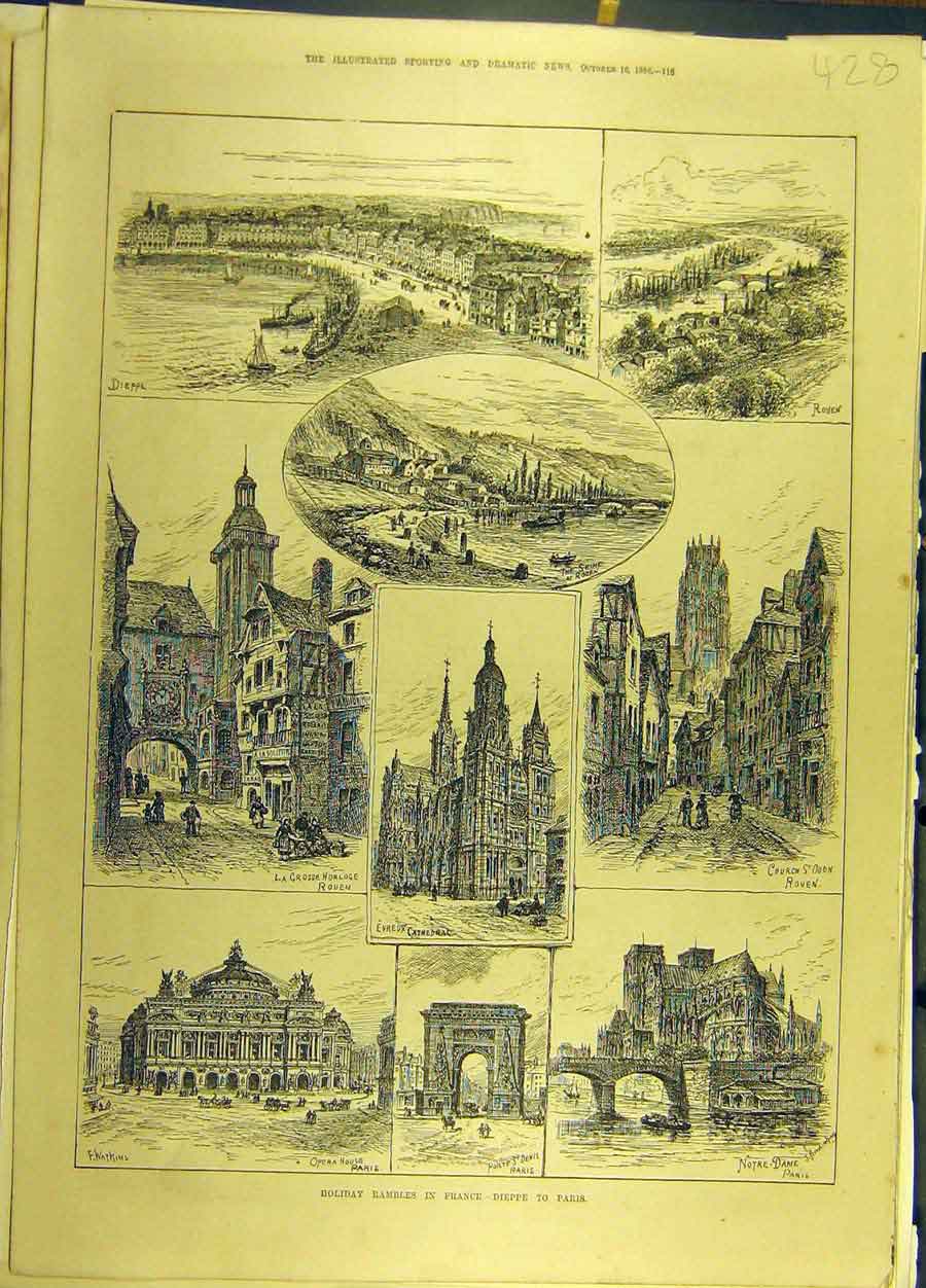 Original Old Antique Print 1886 Holiday Sketches View France Dieppe Paris 19th