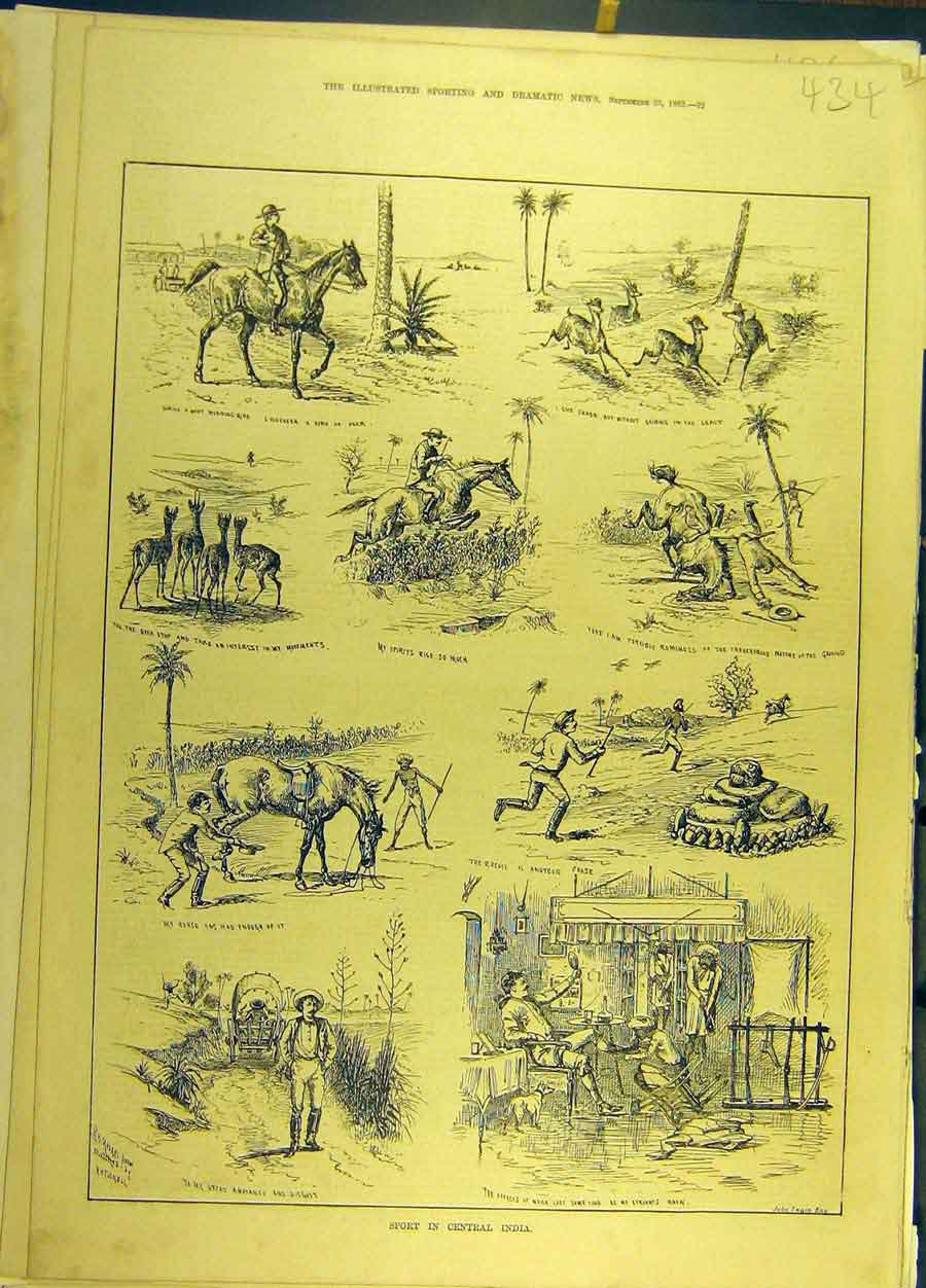Original Old Antique Print 1882 Sport Central-India Riding Hunting Sketches 19th