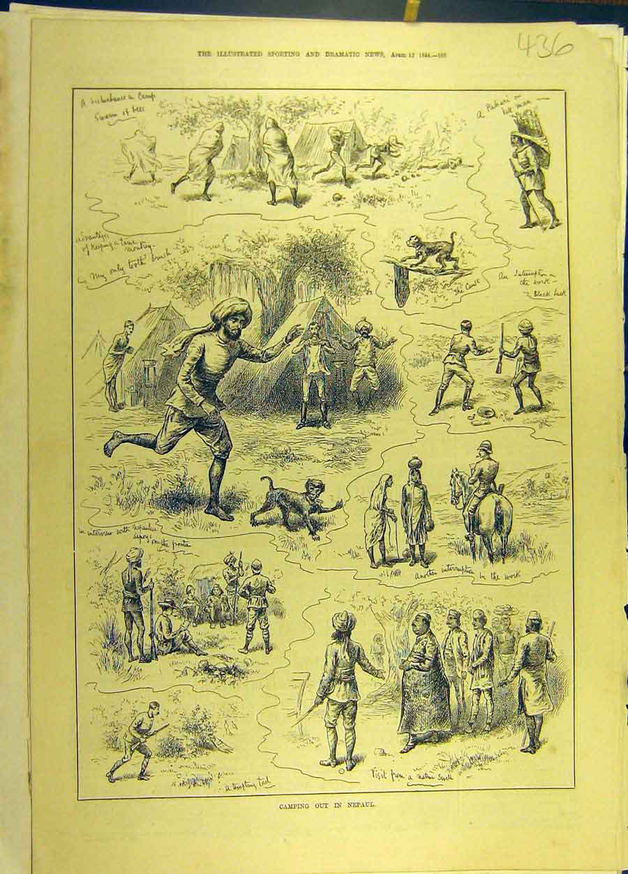Original Old Antique Print 1884 Nepaul Camp Military Monkey Sketches Victorian