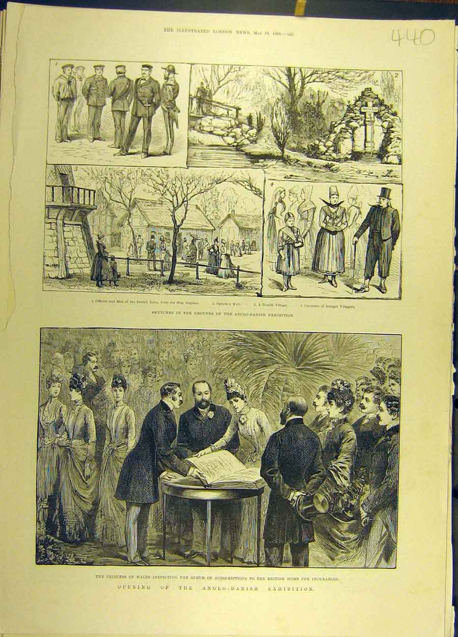 Original Old Antique Print 1888 Anglo-Danish Exhibition Sketches Princess Wales