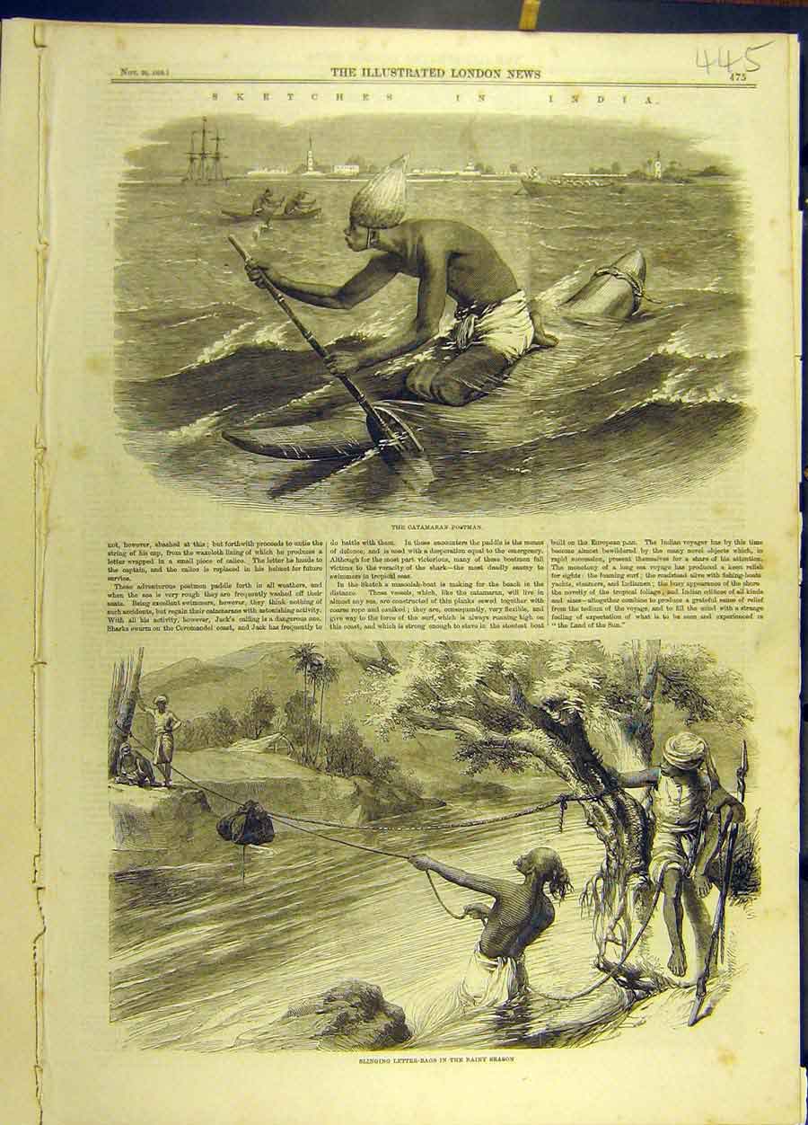 Old Antique Print 1858 Sketches India Catamaran Postman Letter-Bags River 19th