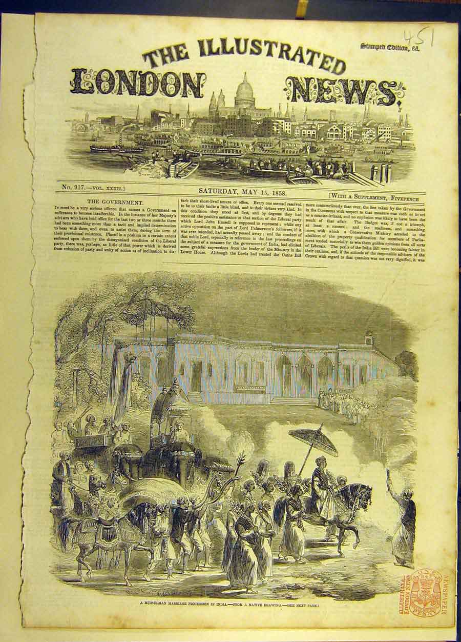 Original Old Antique Print 1858 Mussulman Marriage Procession India Indian 19th