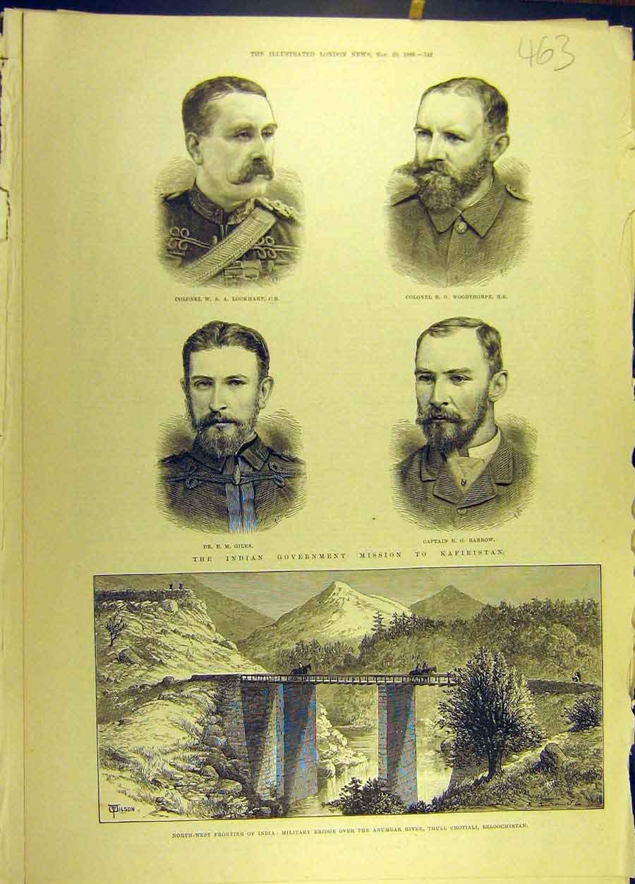Original Old Antique Print 1886 Indian Kafiristan India Military Bridge Anumbar