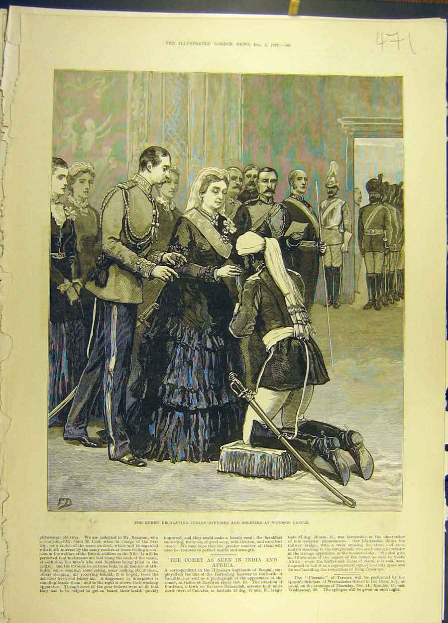 Original Old Antique Print 1882 Queen Indian Officers Siers Windsor Castle 19th