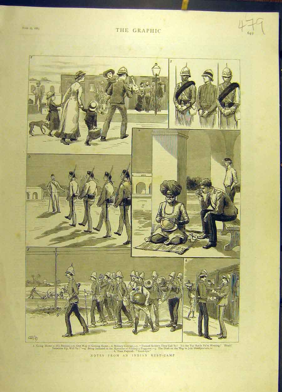 Original Old Antique Print 1885 Indian Rest-Camp Military Officers Siers 19th