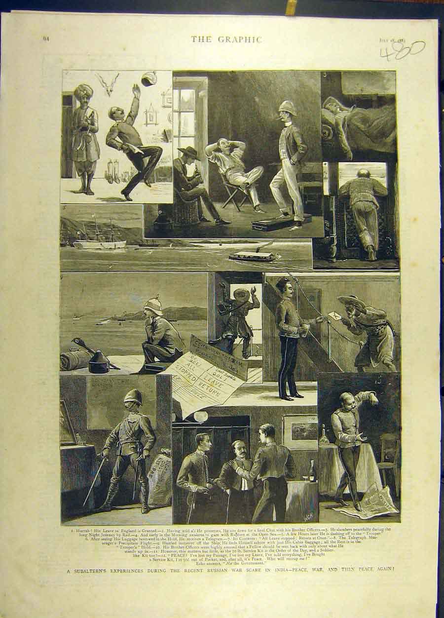 Original Old Antique Print 1885 Russian War India Peace Military Officers 19th