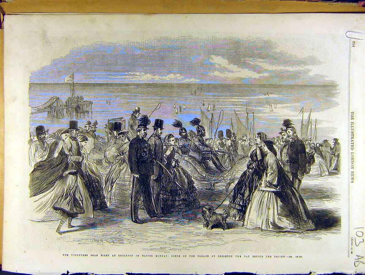 Original Old Antique Print 1861 Volunteer Sham Fight Military Brighton Parade