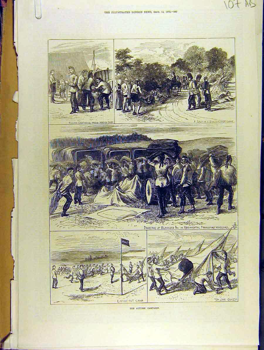 Original Old Antique Print 1872 Autumn Campaign Military Volunteers Victorian