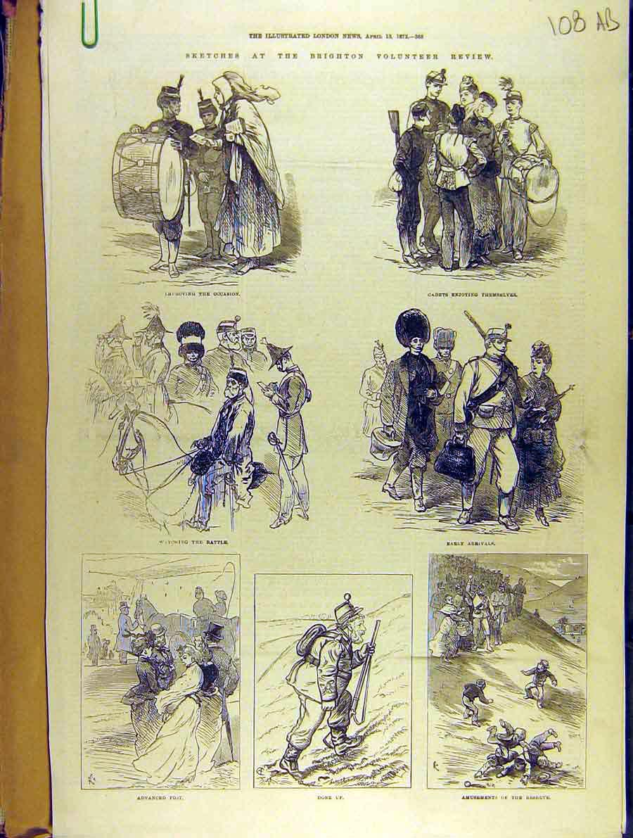 Original Old Antique Print 1872 Sketches Brighton Volunteer Review Military