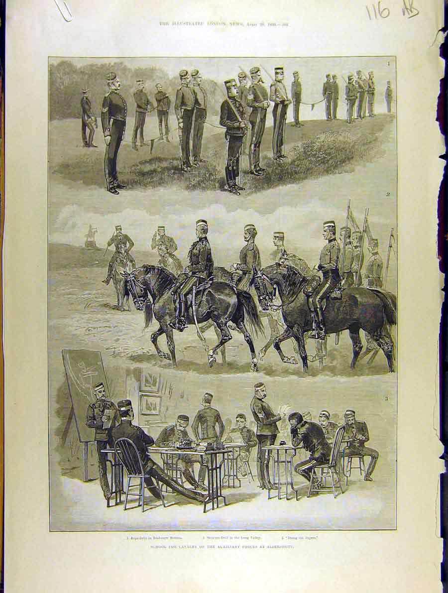 Old Antique Print 1889 School Cavalry Aldershot Manoeuvres Sketches Camp 19th