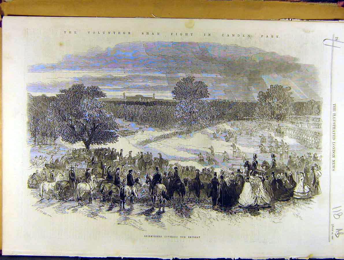 Original Old Antique Print 1860 Volunteer Sham-Fight Camden Park Military 19th