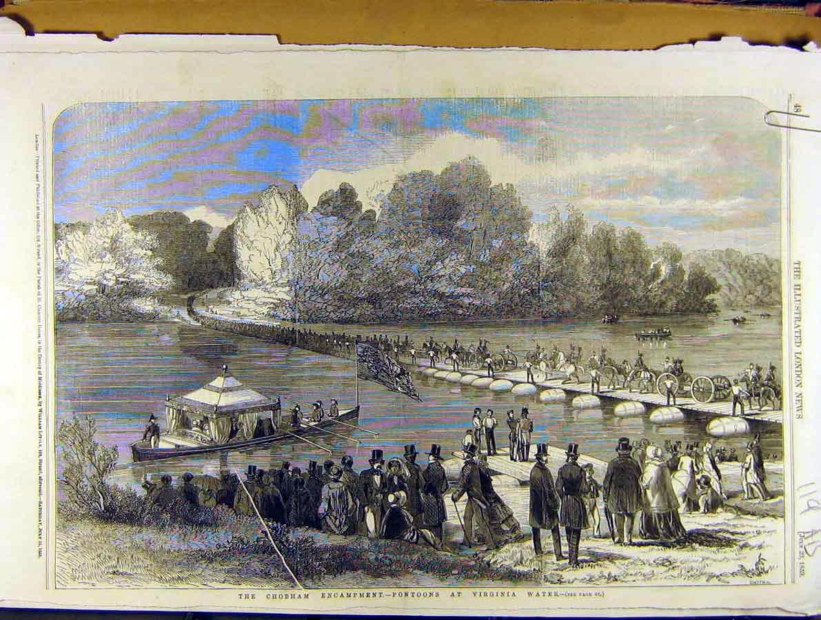 Old Antique Print 1853 Chobham Pontoons Virginia-Water Military Windsor 19th