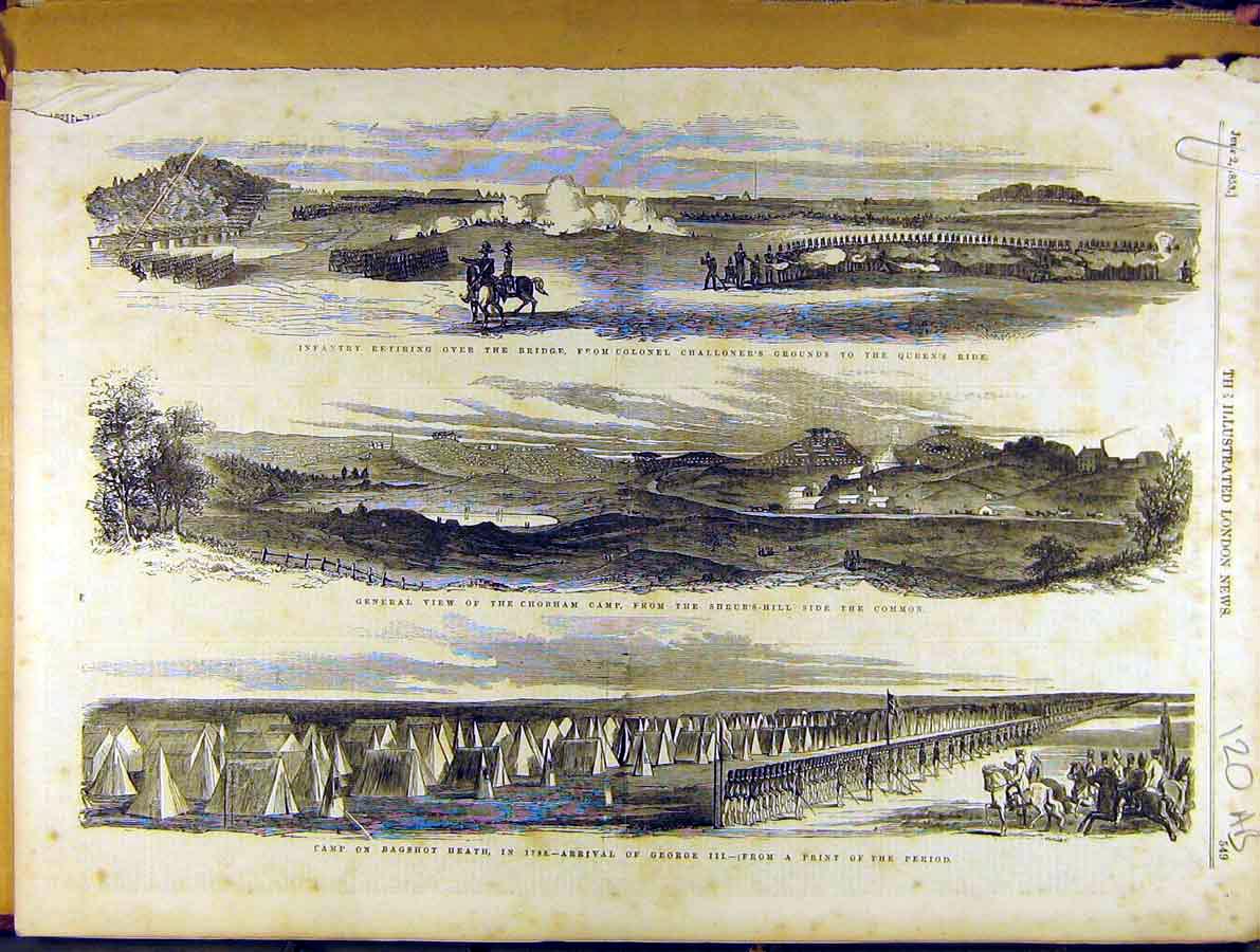 Original Old Antique Print 1853 Military Infantry Bagshot Chobham Review 19th