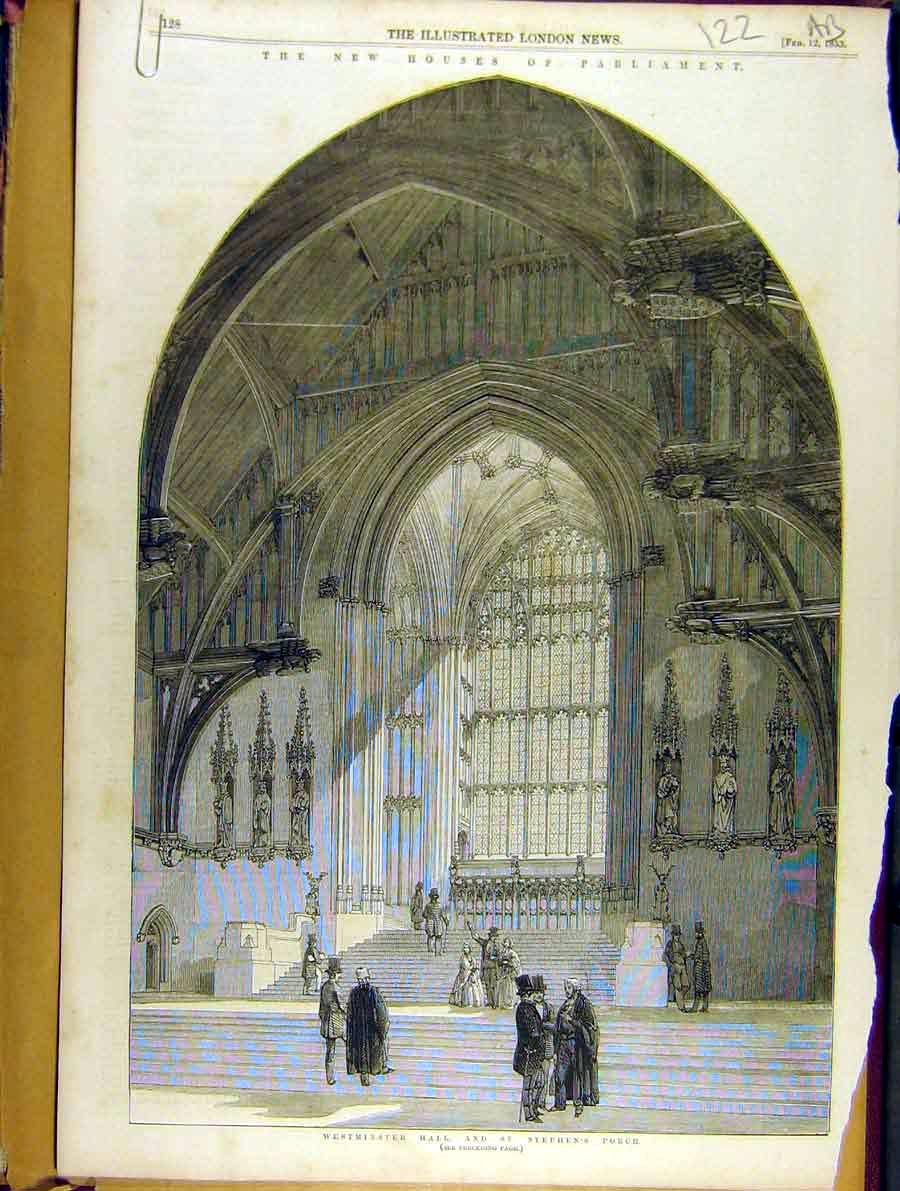 Old Antique Print 1853 Houses-Parliament Westminster Hall St. Stephen'S 19th