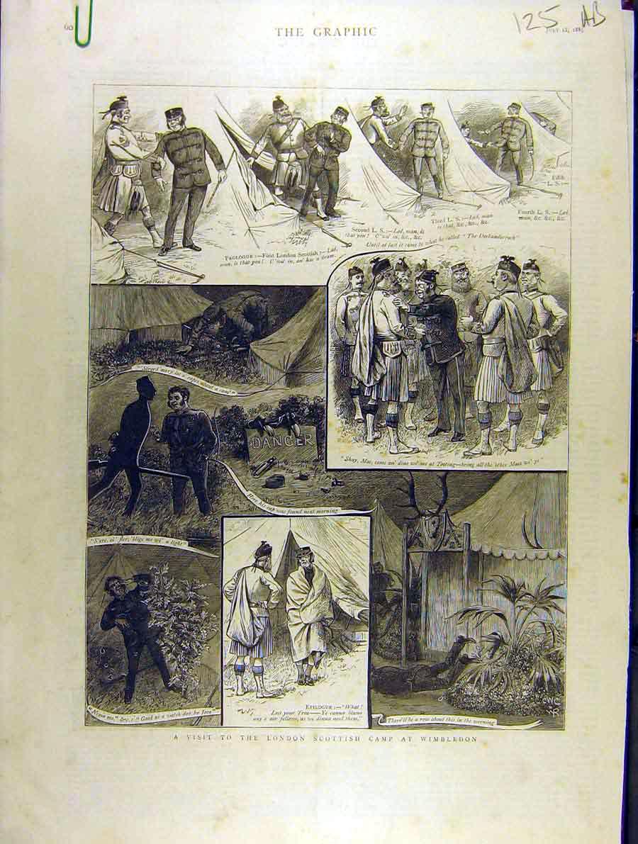 Old Antique Print 1885 London-Scottish Camp Wimbledon Military Volunteers 19th