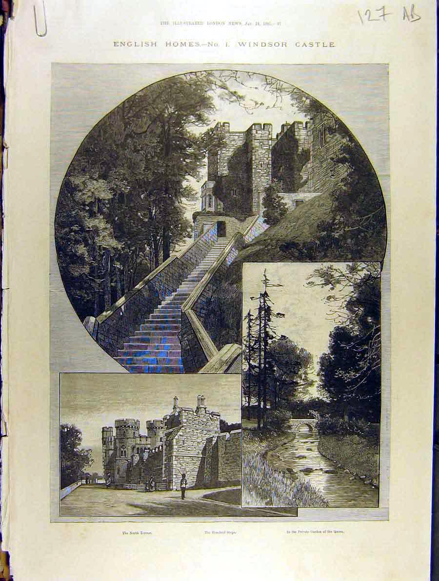 Old Antique Print 1885 Windsor Castle English Homes Sketch Terrace Tower 19th