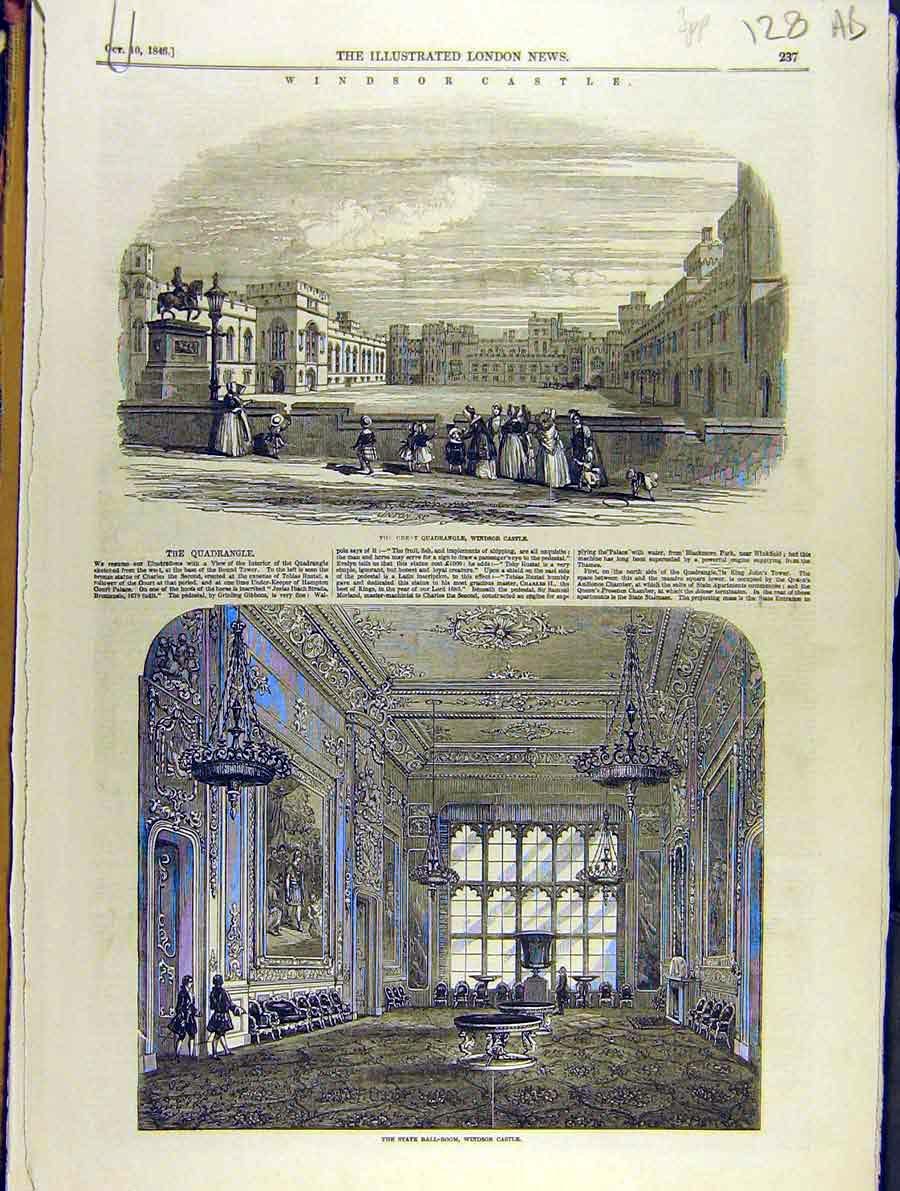 Original Old Antique Print 1846 Windsor Castle State Ball-Room Quadrangle Tower