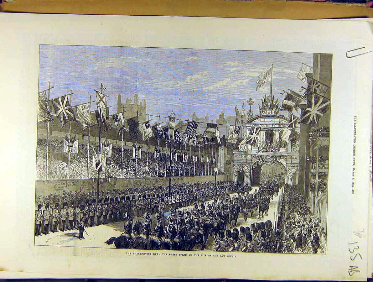 Original Old Antique Print 1872 Law Court Temple-Bar Procession Thanksgiving
