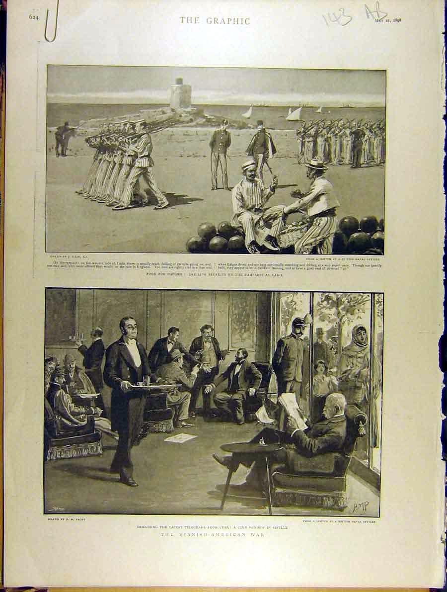 Original Old Antique Print 1898 Spanish-American War Cadiz Tampa Florida 19th