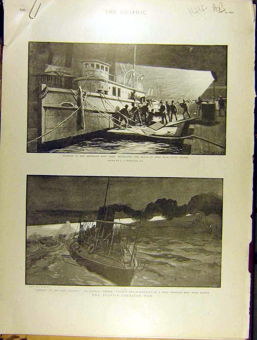 Original Old Antique Print 1898 Brooklyn Navy Yard Spanish American War Siers