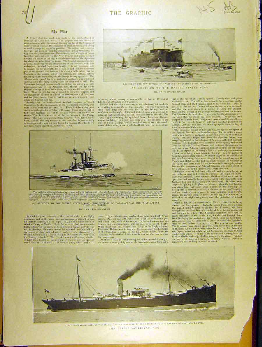 Original Old Antique Print 1898 United States Navy Alabama Spanish-American War