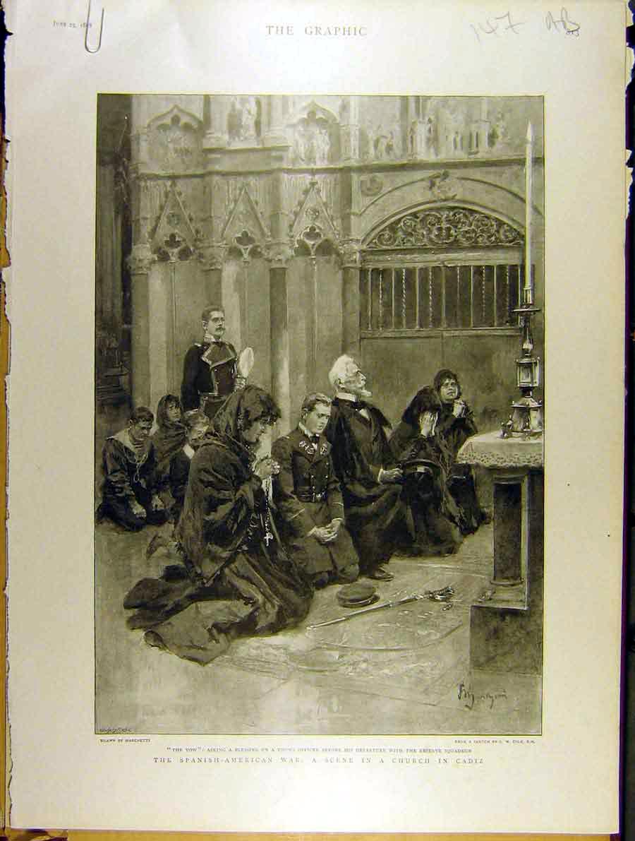 Original Old Antique Print 1898 Spanish-American War Church Cadiz Anglo-Saxon