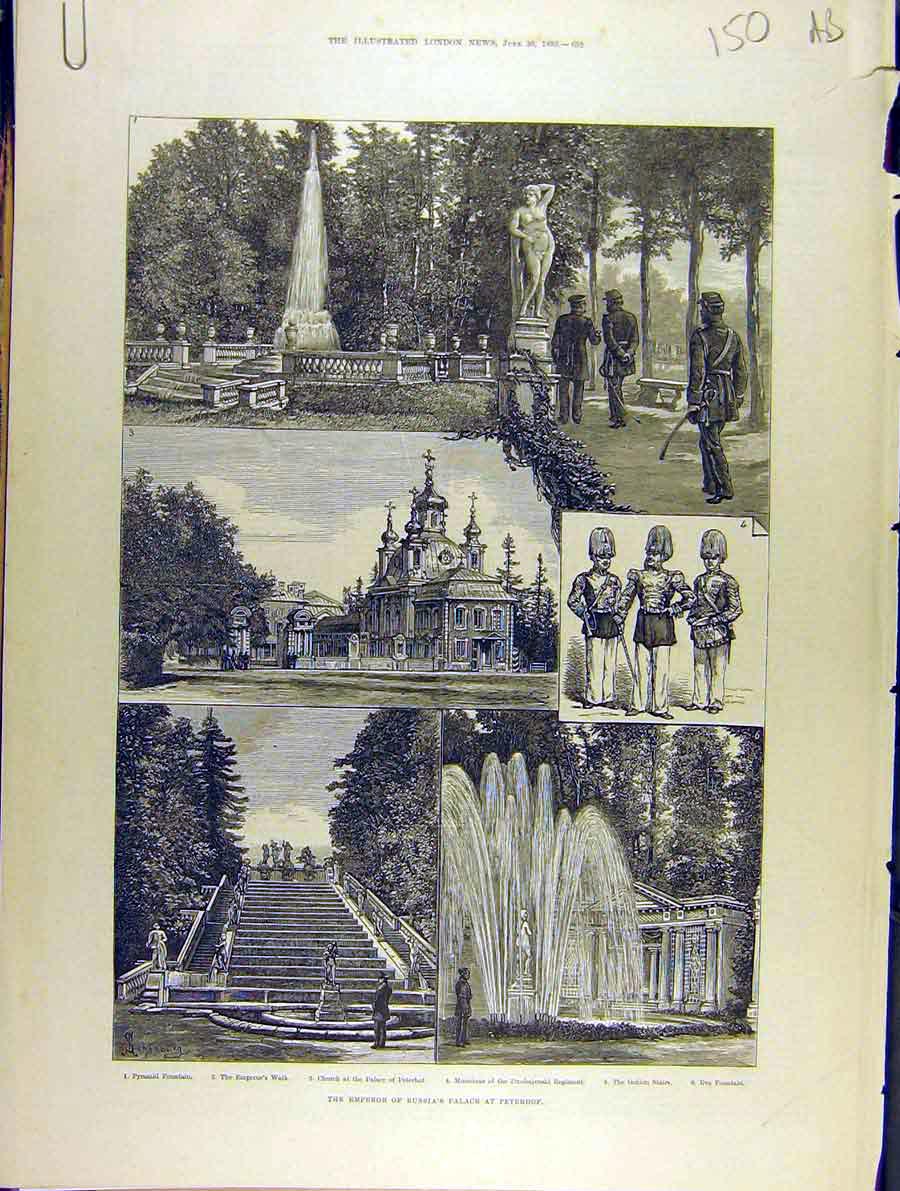 Original Old Antique Print 1883 Emperor Russia Palace PeterhMarine Victorian