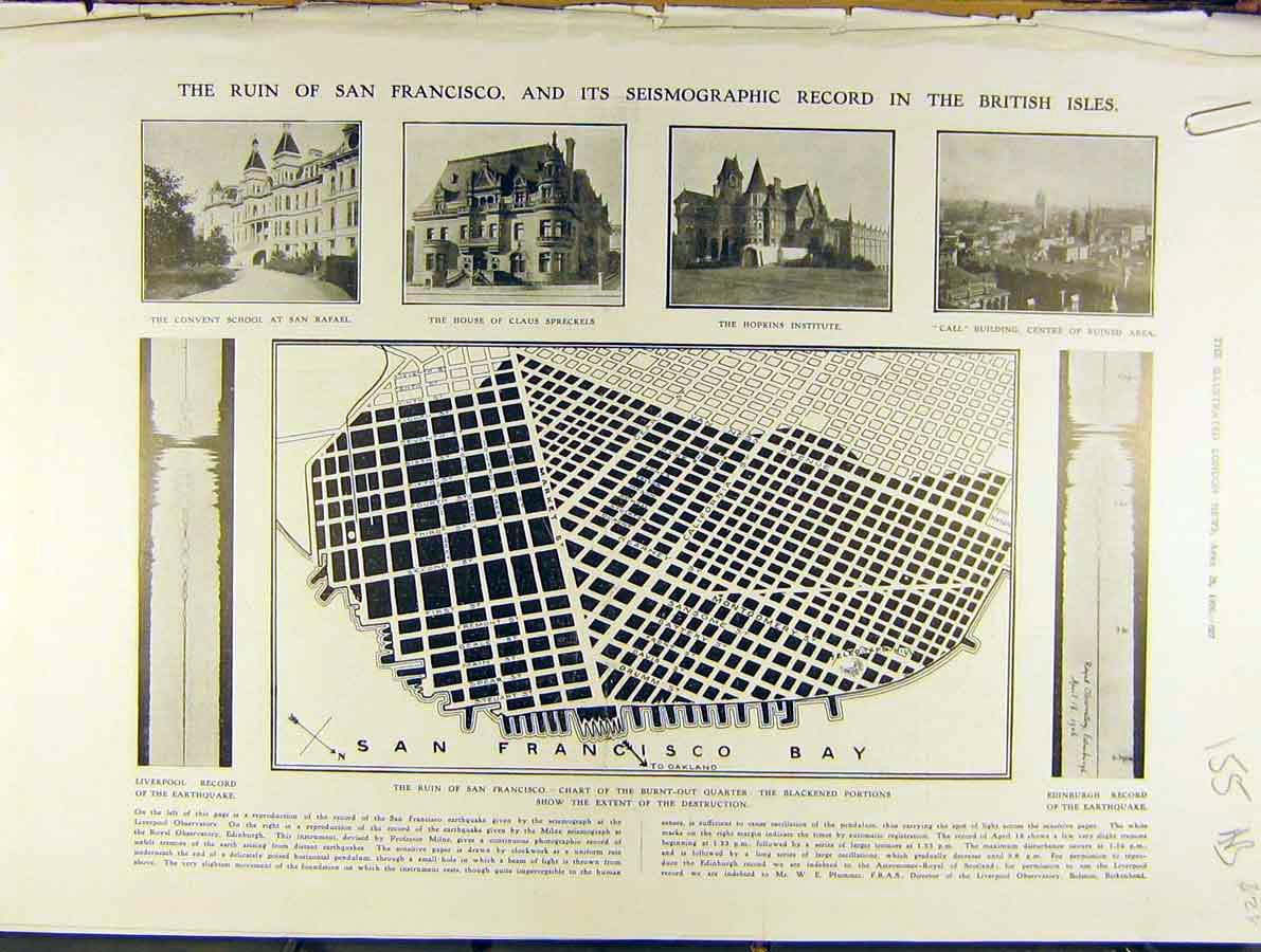 Original Old Antique Print 1906 Ruins San-Francisco Earthquake Buildings Hotel