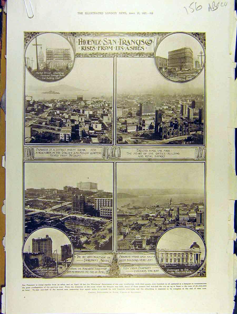 Original Old Antique Print 1907 Phoenix San-Francisco America Fairmont 20th