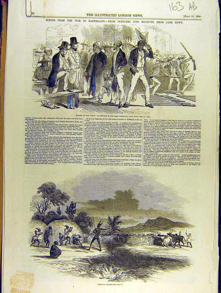 Original Old Antique Print 1846 War Africa Kaffir Malay Bambrick Cape-Town 19th